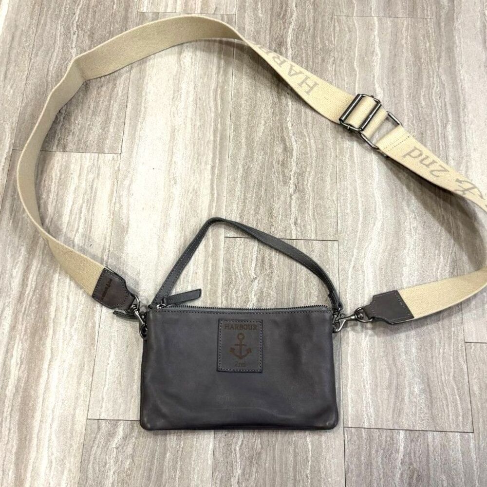 Harbour 2nd Evita Gray Leather Crossbody Bag Canvas Logo Strap
